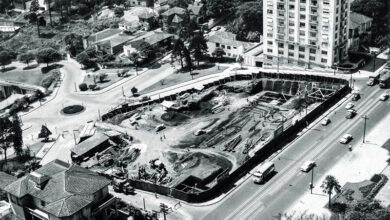 Vista aérea do início da construção da sede do MASP na avenida Paulista