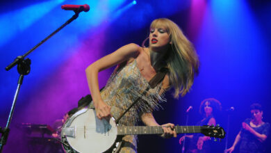 A cantora Taylor Swift durante seu show na HSBC Arena, no Rio de Janeiro