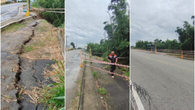 Trecho interditado da Estrada Plínio Galvão César após erosão causada pelas chuvas em Guaratinguetá.